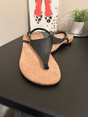 Vionic Women's Black Thong Sandals with Gold Hardware and Suede Footbed